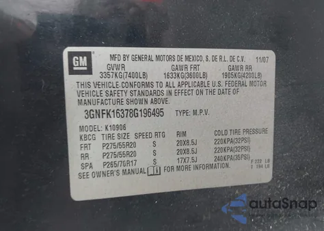 2008 Chevrolet Suburban 1500 Ltz z USA, uszkodzony, nr VIN 3GNFK16378G196495